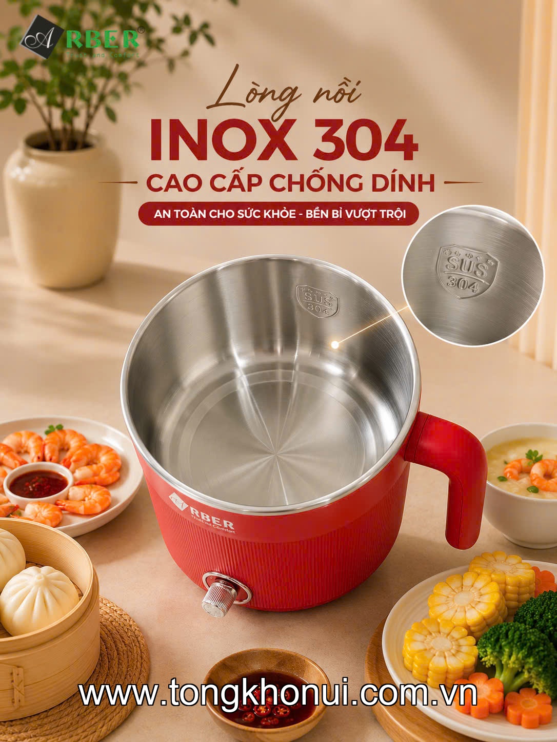 Nồi điện đa năng kèm xửng hấp, lòng inox 304 Arber DN05 màu đỏ, 600W, 1.8L ảnh 2
