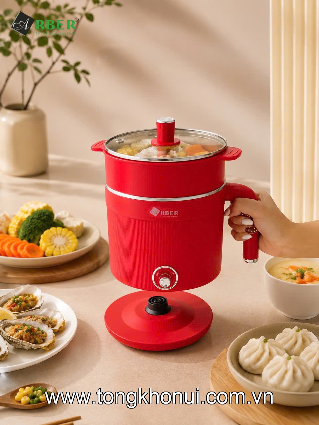 Nồi điện đa năng kèm xửng hấp, lòng inox 304 Arber DN05 màu đỏ, 600W, 1.8L ảnh 3