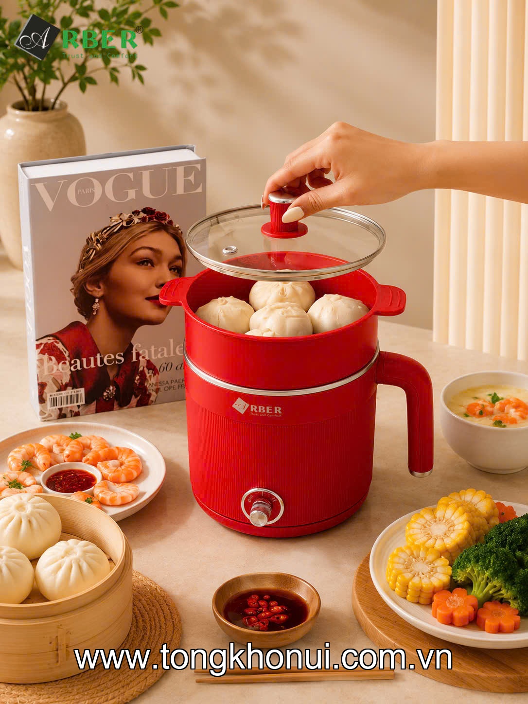 Nồi điện đa năng kèm xửng hấp, lòng inox 304 Arber DN05 màu đỏ, 600W, 1.8L ảnh 4