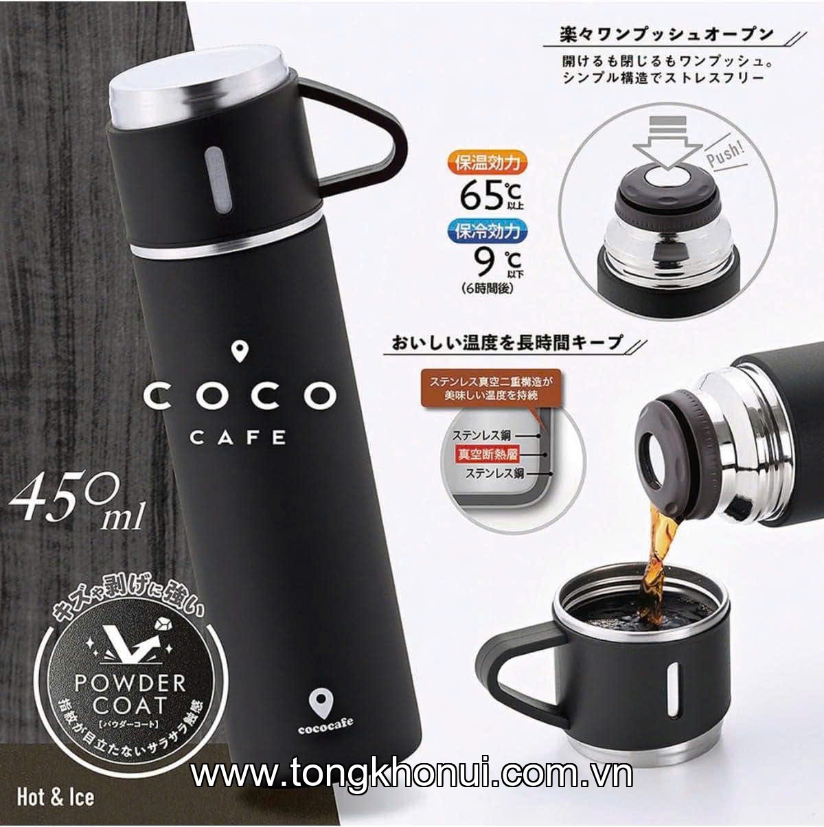 BÌNH GIỮ NHIỆT KÈM NẮP CỐC COCO CAFÉ 450ML – INOX 304 NỘI ĐỊA NHẬT – ĐEN & BE ảnh 1