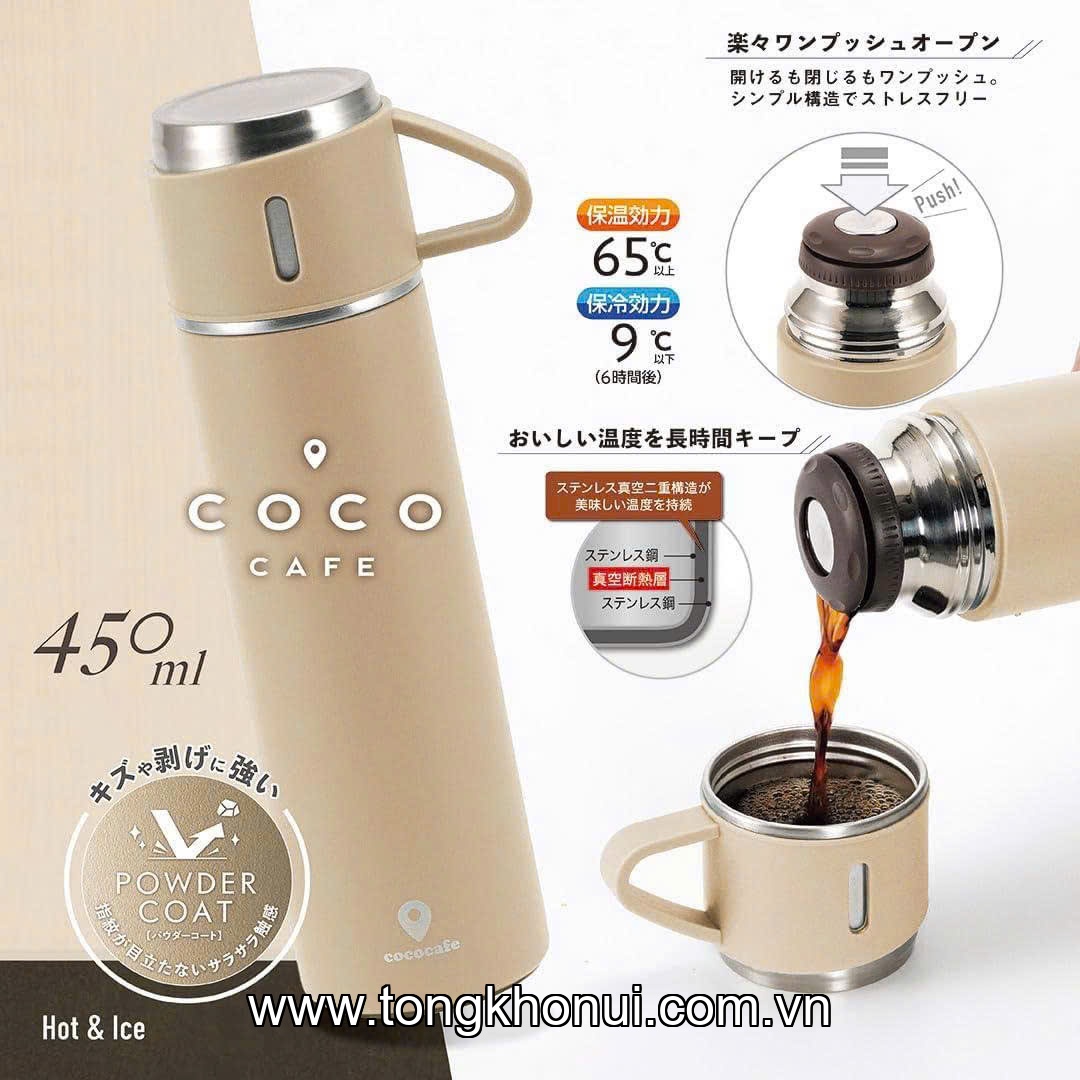 BÌNH GIỮ NHIỆT KÈM NẮP CỐC COCO CAFÉ 450ML – INOX 304 NỘI ĐỊA NHẬT – ĐEN & BE ảnh 2