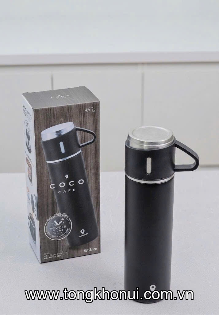 BÌNH GIỮ NHIỆT KÈM NẮP CỐC COCO CAFÉ 450ML – INOX 304 NỘI ĐỊA NHẬT – ĐEN & BE ảnh 10