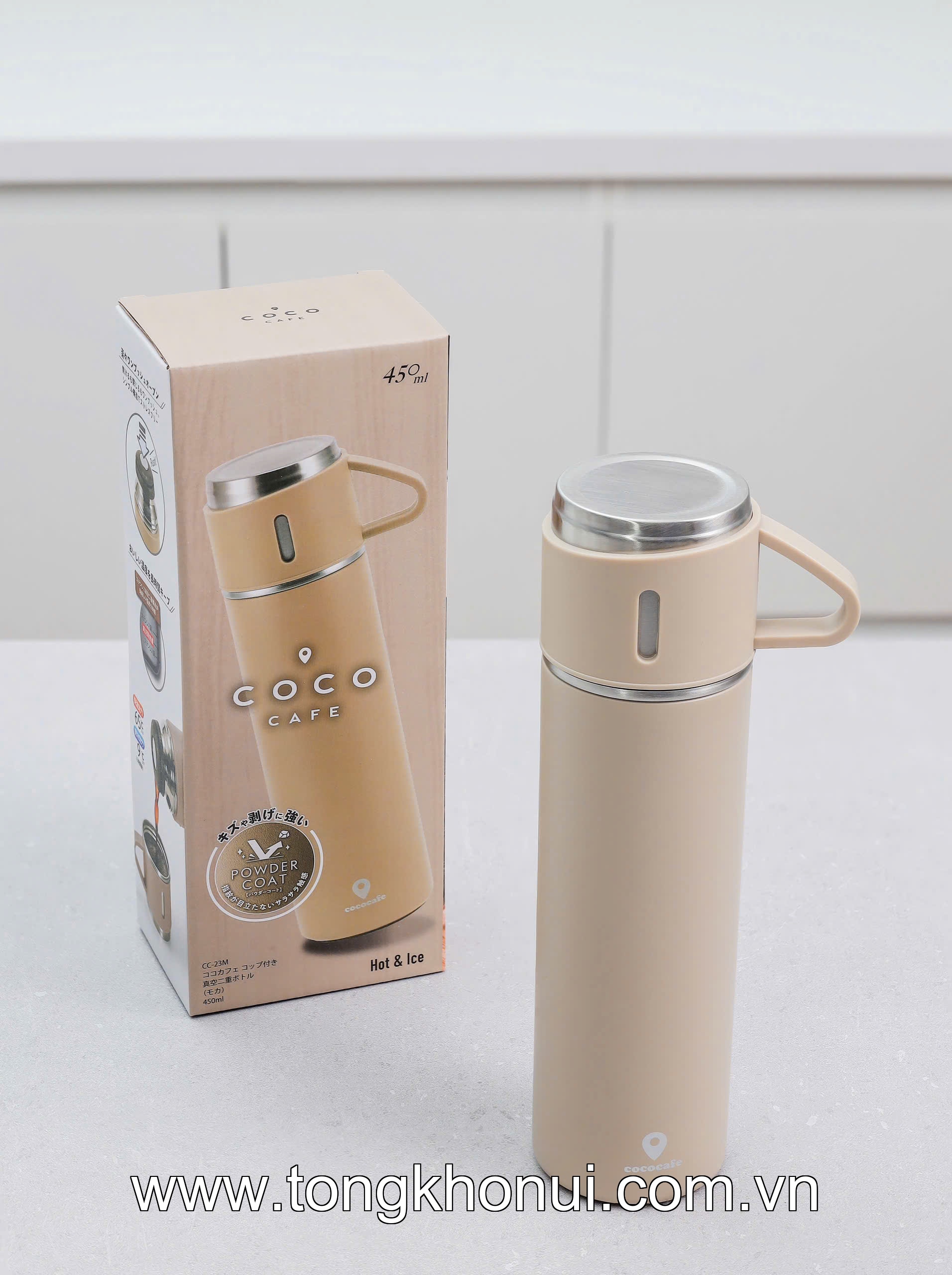 BÌNH GIỮ NHIỆT KÈM NẮP CỐC COCO CAFÉ 450ML – INOX 304 NỘI ĐỊA NHẬT – ĐEN & BE ảnh 17