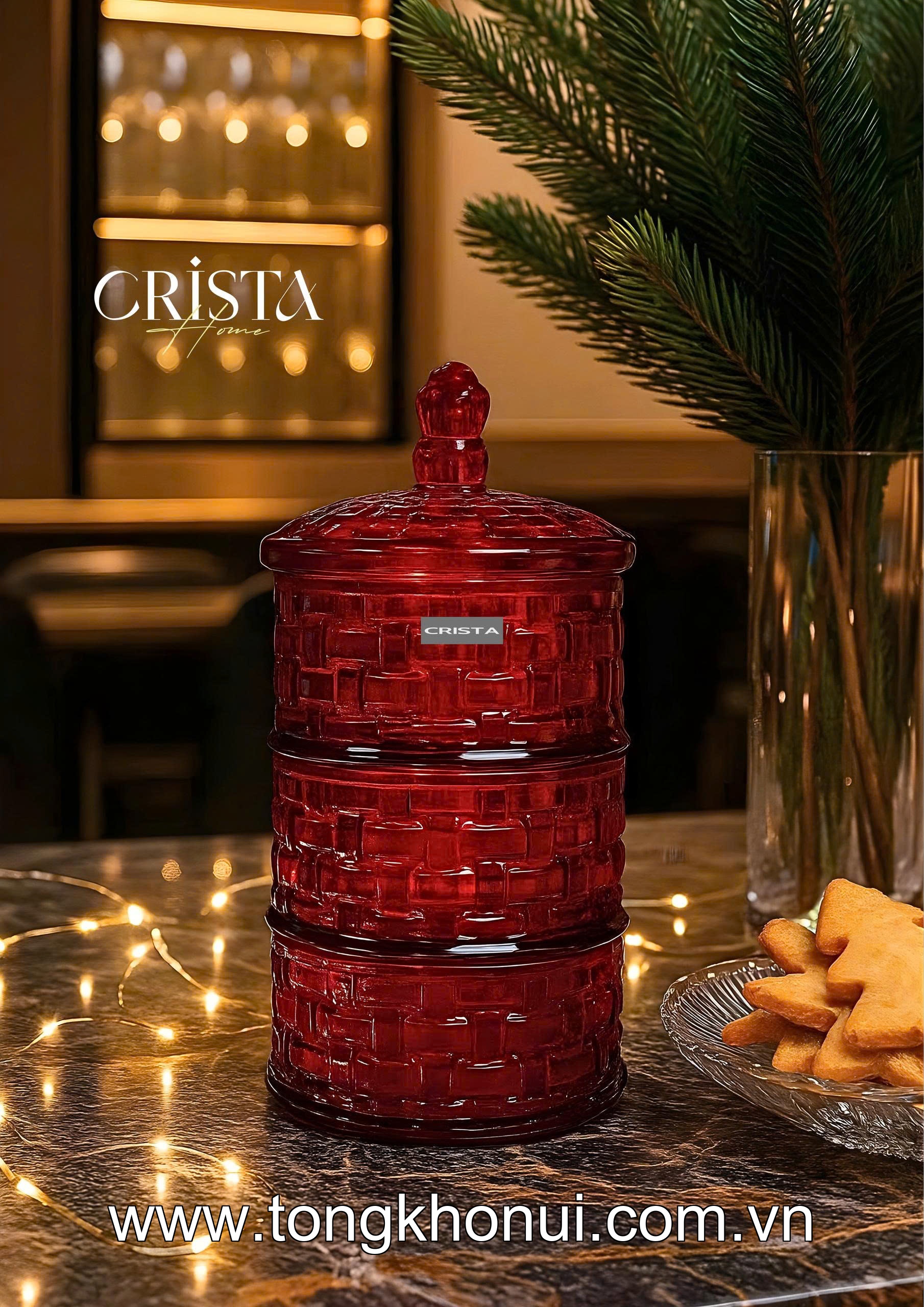 HŨ ĐỰNG MỨT 3 TẦNG THỦY TINH VÂN CARO CRISTA HOME – KHAY BÁNH KẸO NGÀY TẾT GỌN ĐẸP (MÃ 60211) ảnh 1