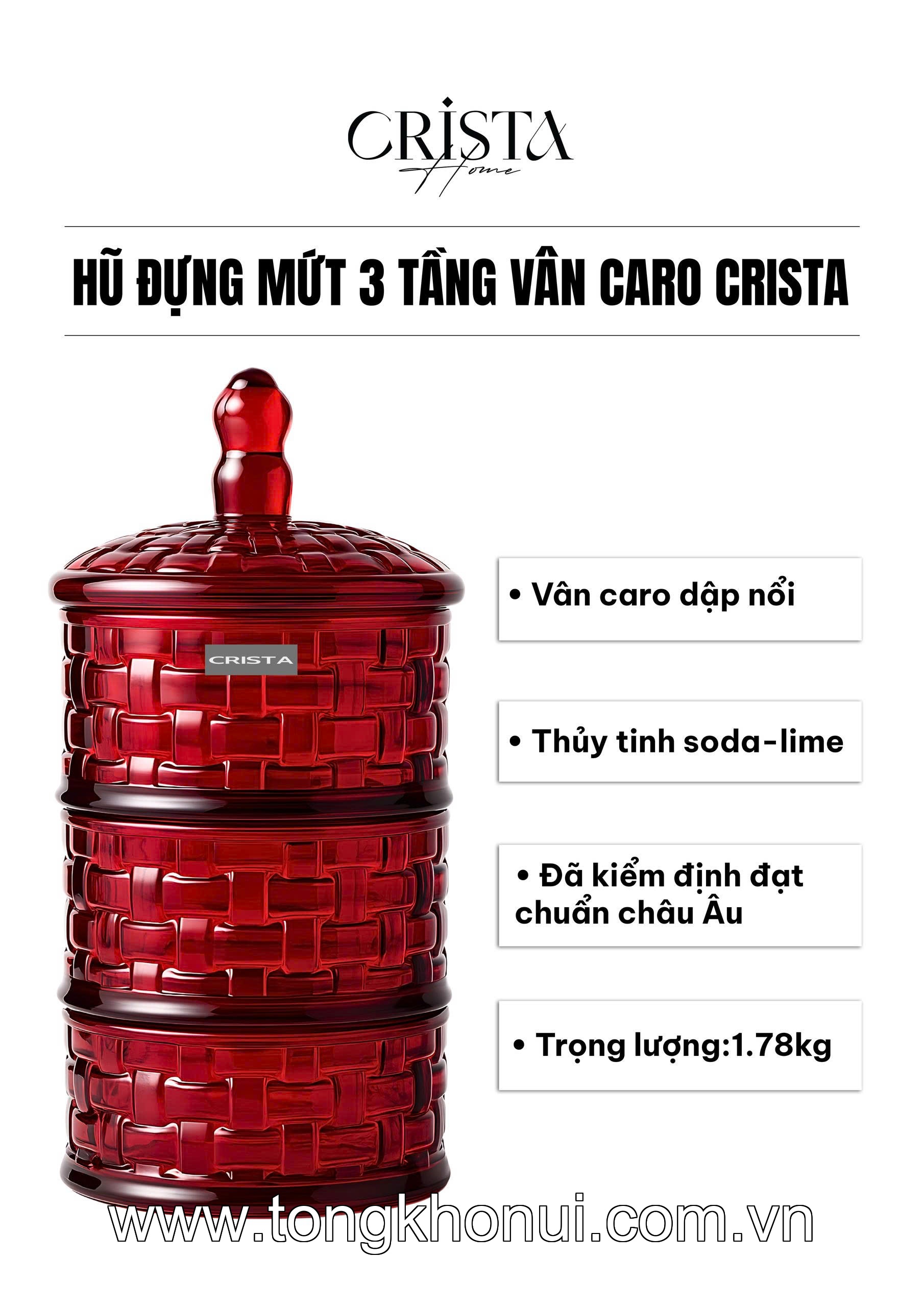 HŨ ĐỰNG MỨT 3 TẦNG THỦY TINH VÂN CARO CRISTA HOME – KHAY BÁNH KẸO NGÀY TẾT GỌN ĐẸP (MÃ 60211) ảnh 2