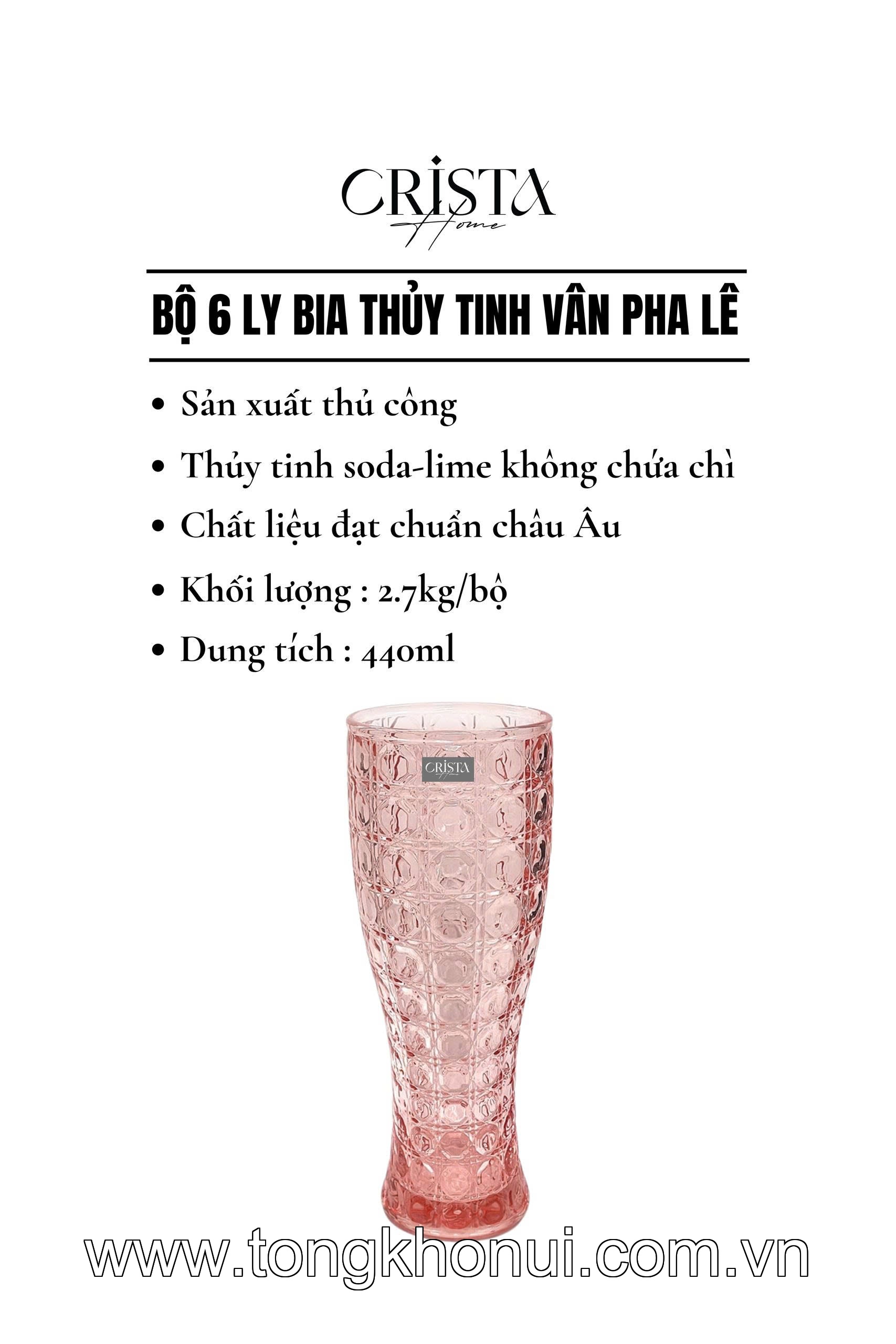 BỘ 6 LY THỦY TINH VÂN PHA LÊ ĐA NĂNG 440ML CRISTA HOME – LY UỐNG BIA, SINH TỐ DÁNG CHÂU ÂU (MÃ 60245) ảnh 5
