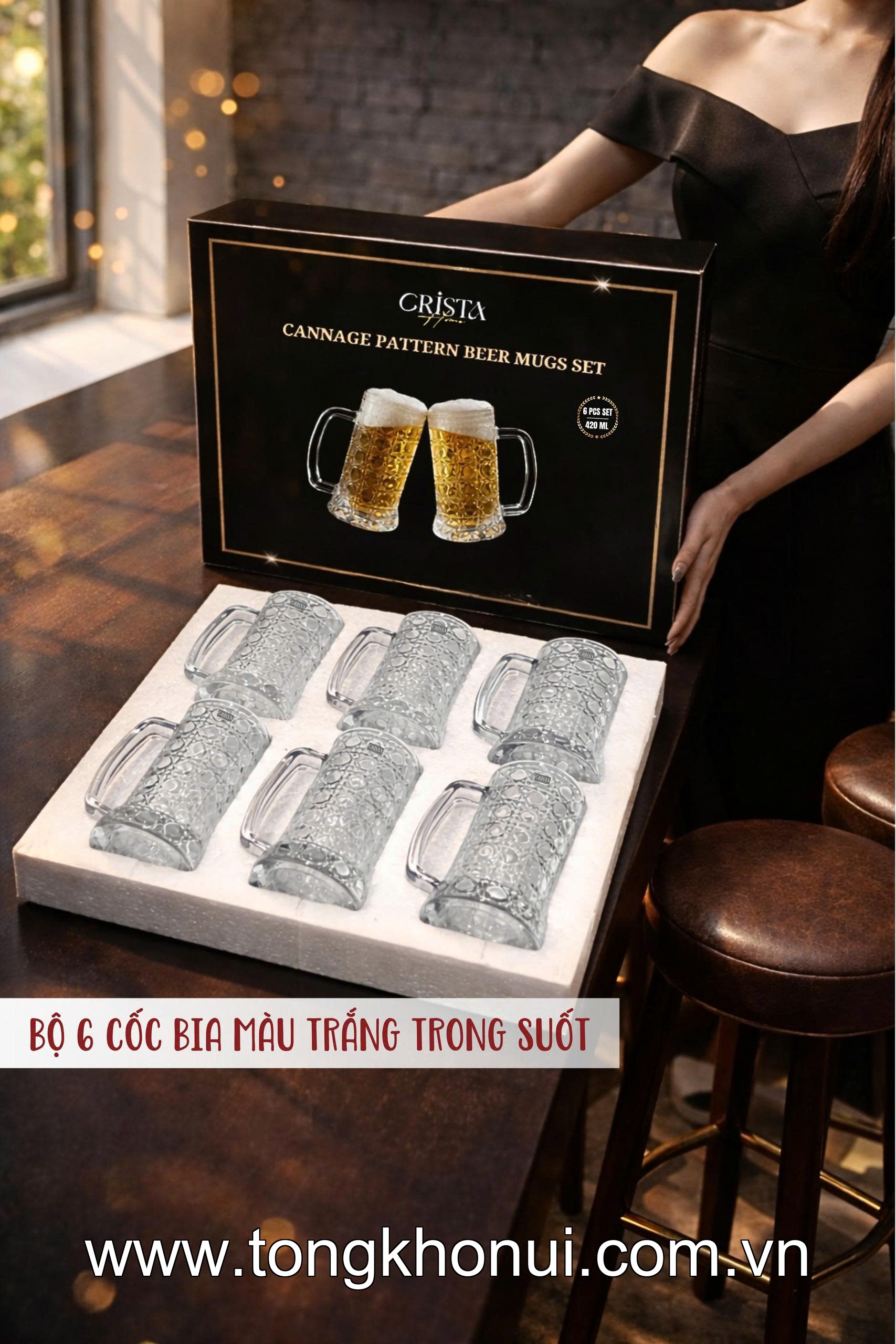BỘ 6 CỐC BIA THỦY TINH VÂN PHA LÊ CÓ QUAI 420ML CRISTA HOME – CỐC UỐNG BIA CAO CẤP (MÃ 60246) ảnh 2