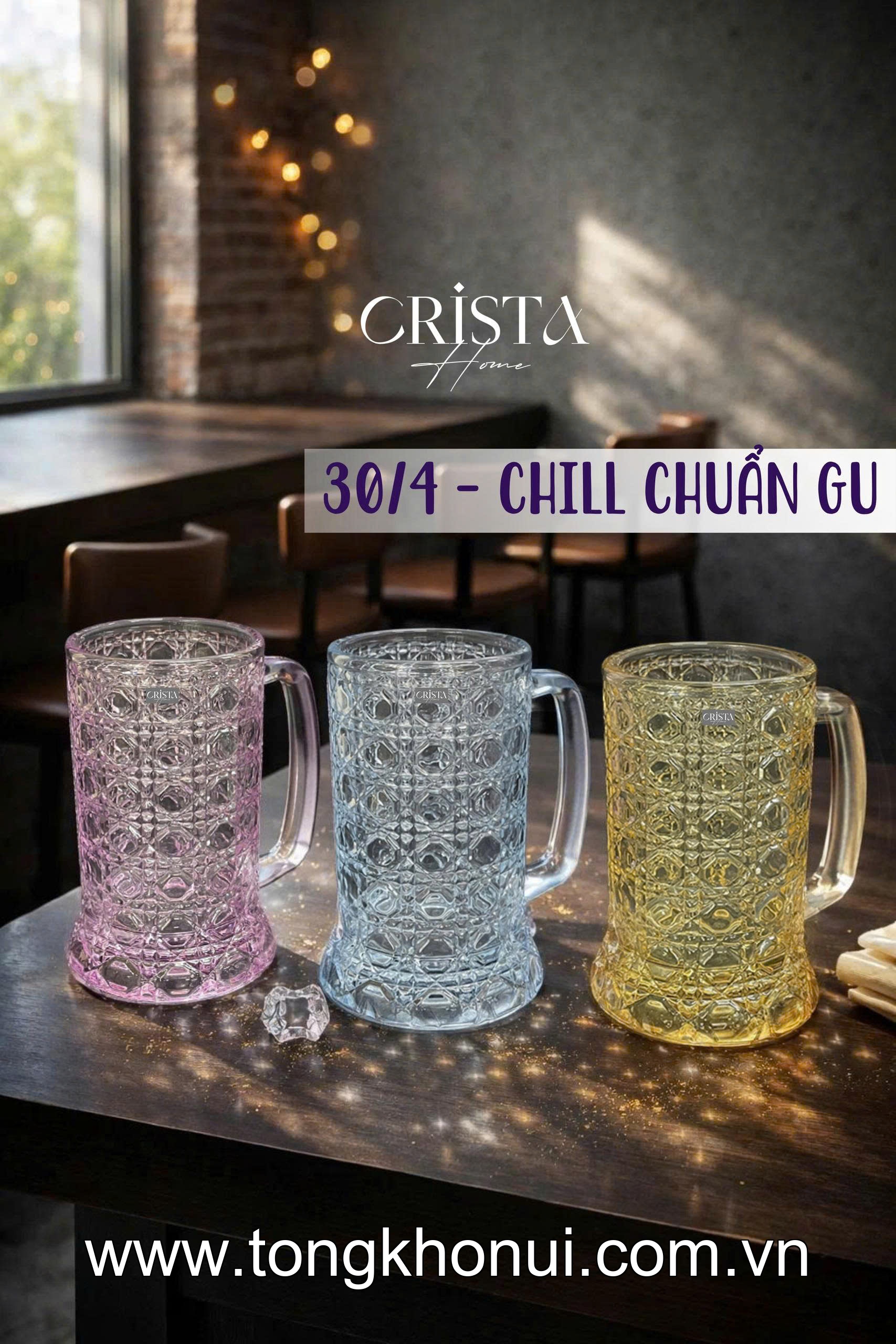 BỘ 6 CỐC BIA THỦY TINH VÂN PHA LÊ CÓ QUAI 420ML CRISTA HOME – CỐC UỐNG BIA CAO CẤP (MÃ 60246) ảnh 3