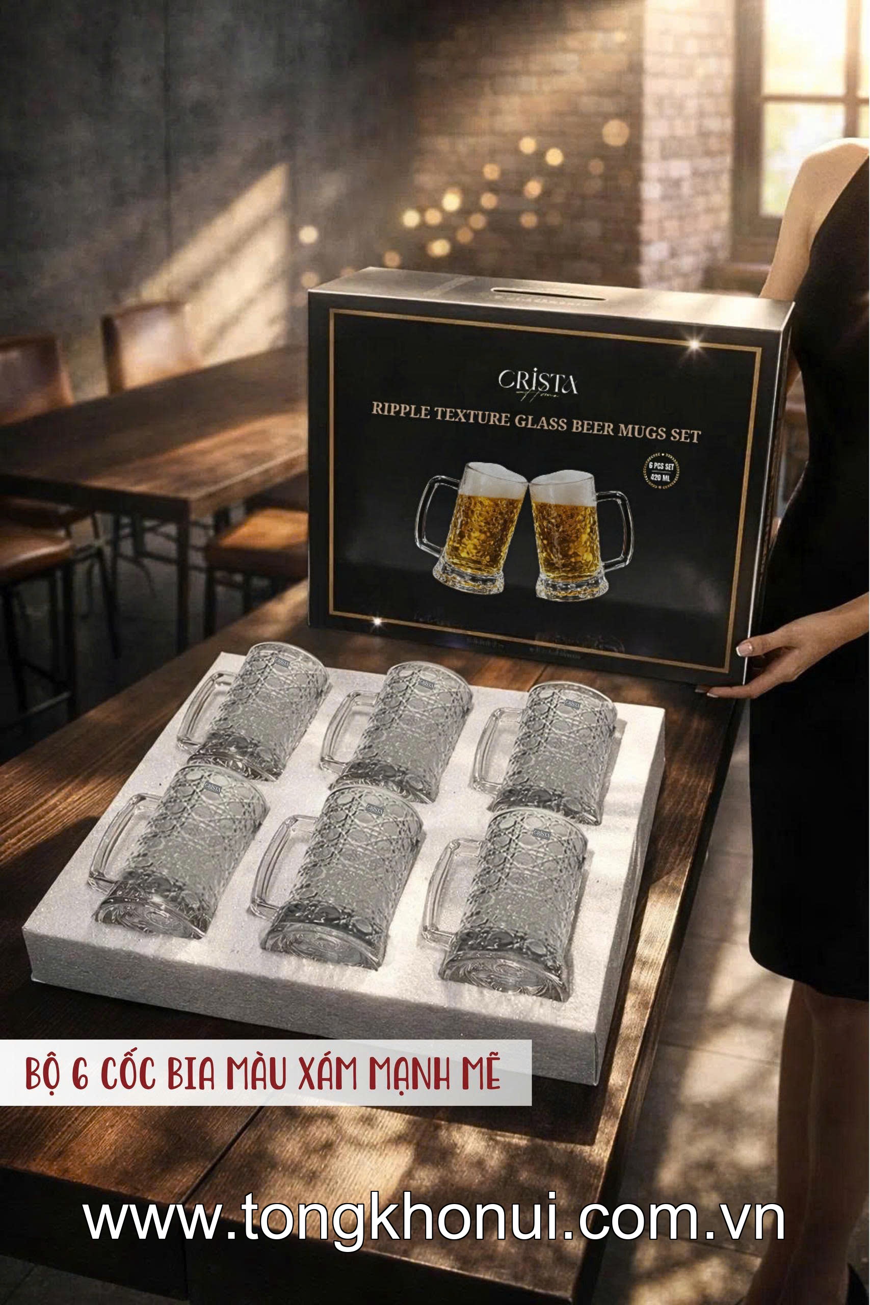 BỘ 6 CỐC BIA THỦY TINH VÂN PHA LÊ CÓ QUAI 420ML CRISTA HOME – CỐC UỐNG BIA CAO CẤP (MÃ 60246) ảnh 14