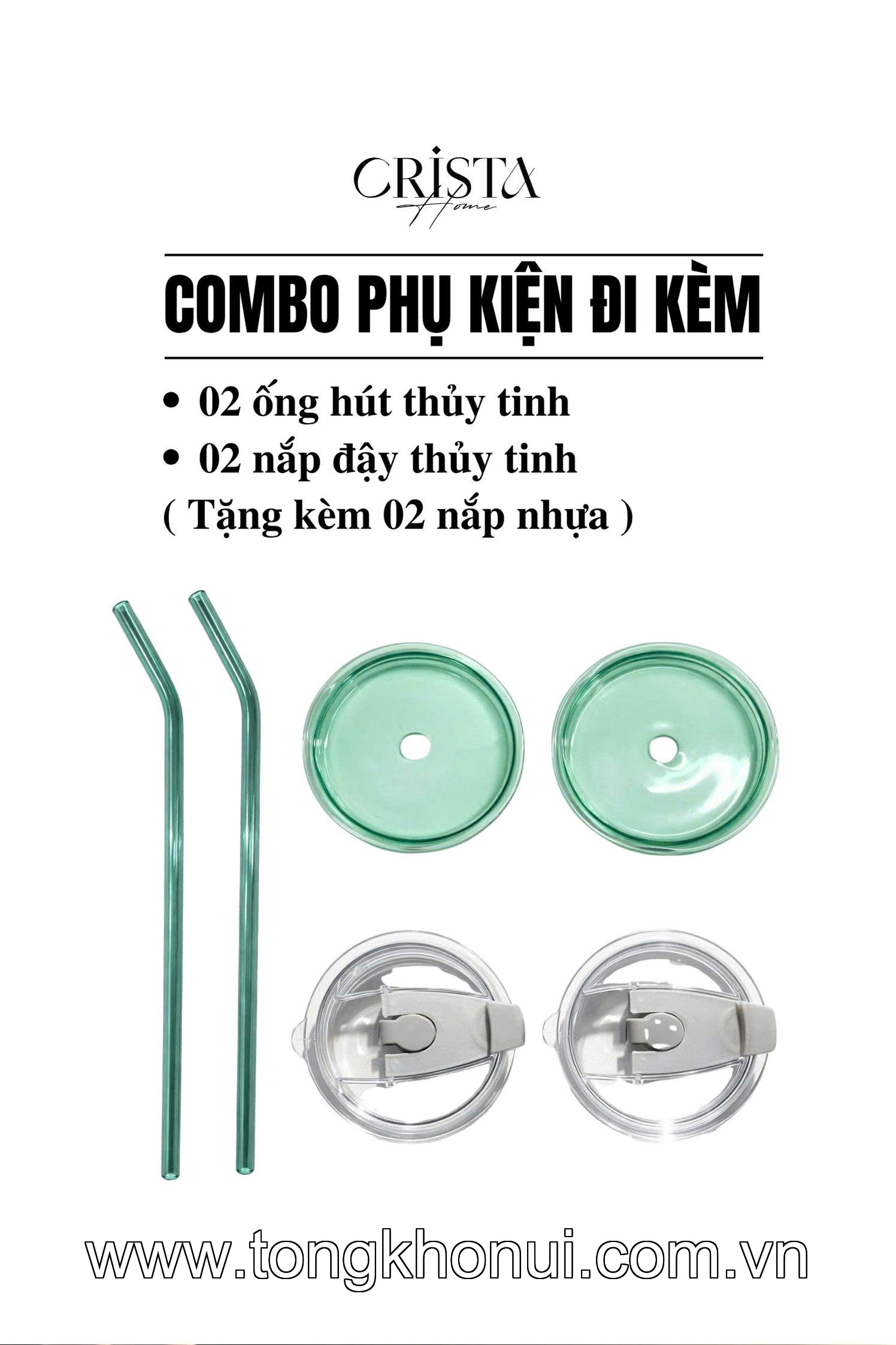 BỘ 2 CỐC THỦY TINH CAO KÈM ỐNG HÚT 500ML CRISTA HOME – CỐC UỐNG TRÀ SỮA, SINH TỐ (TẶNG 2 NẮP NHỰA) (MÃ 60243) ảnh 2