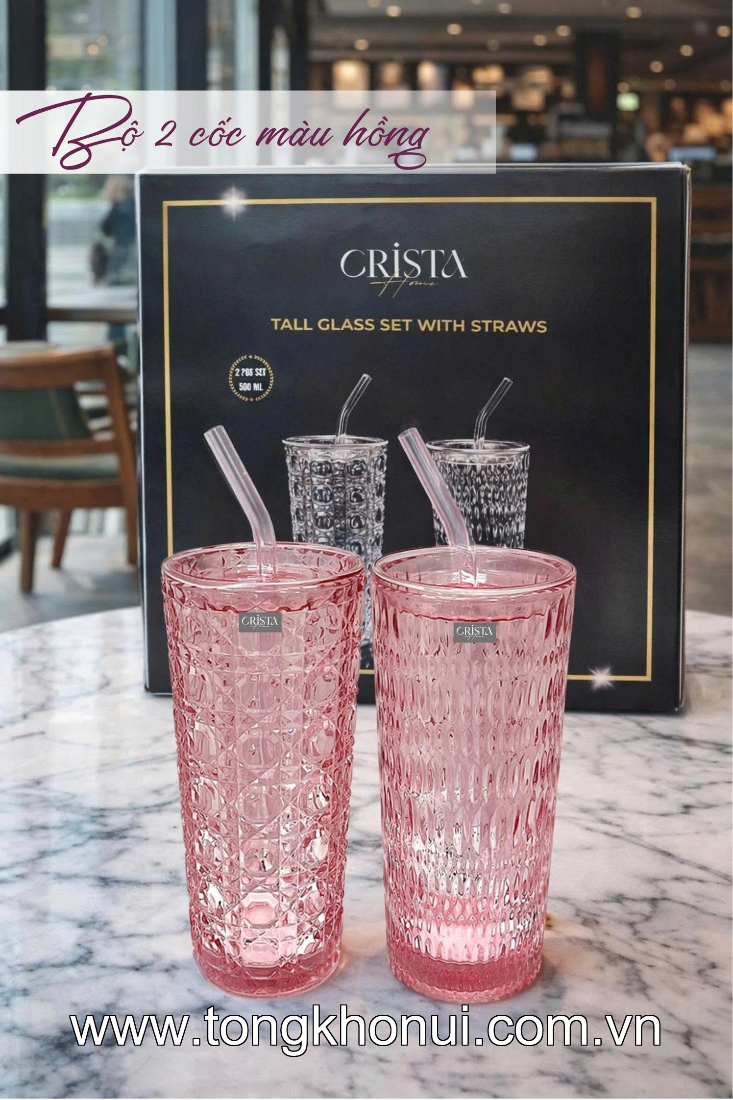 BỘ 2 CỐC THỦY TINH CAO KÈM ỐNG HÚT 500ML CRISTA HOME – CỐC UỐNG TRÀ SỮA, SINH TỐ (TẶNG 2 NẮP NHỰA) (MÃ 60243) ảnh 3