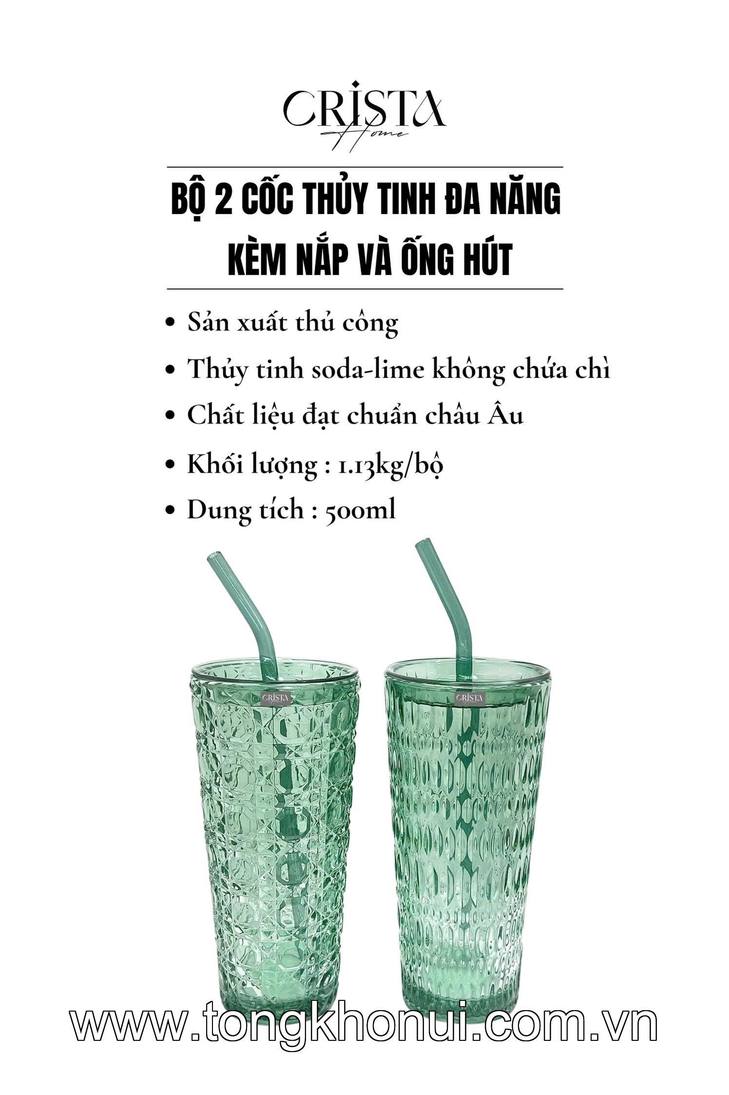BỘ 2 CỐC THỦY TINH CAO KÈM ỐNG HÚT 500ML CRISTA HOME – CỐC UỐNG TRÀ SỮA, SINH TỐ (TẶNG 2 NẮP NHỰA) (MÃ 60243) ảnh 6