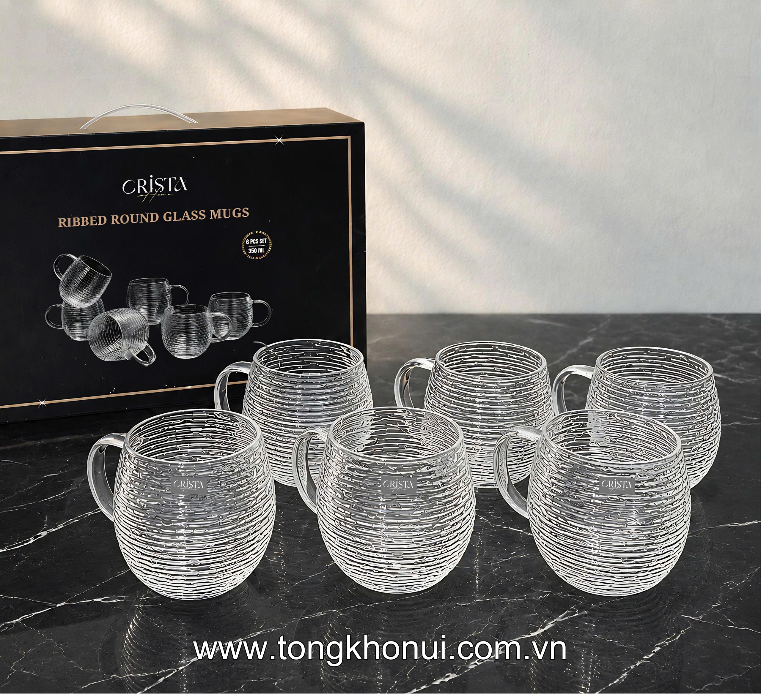 BỘ 6 CỐC THỦY TINH DÁNG BẦU VÂN NGANG CÓ QUAI 350ML CRISTA HOME – CỐC UỐNG TRÀ, CAFE CHỊU NHIỆT (MÃ 60278) ảnh 1