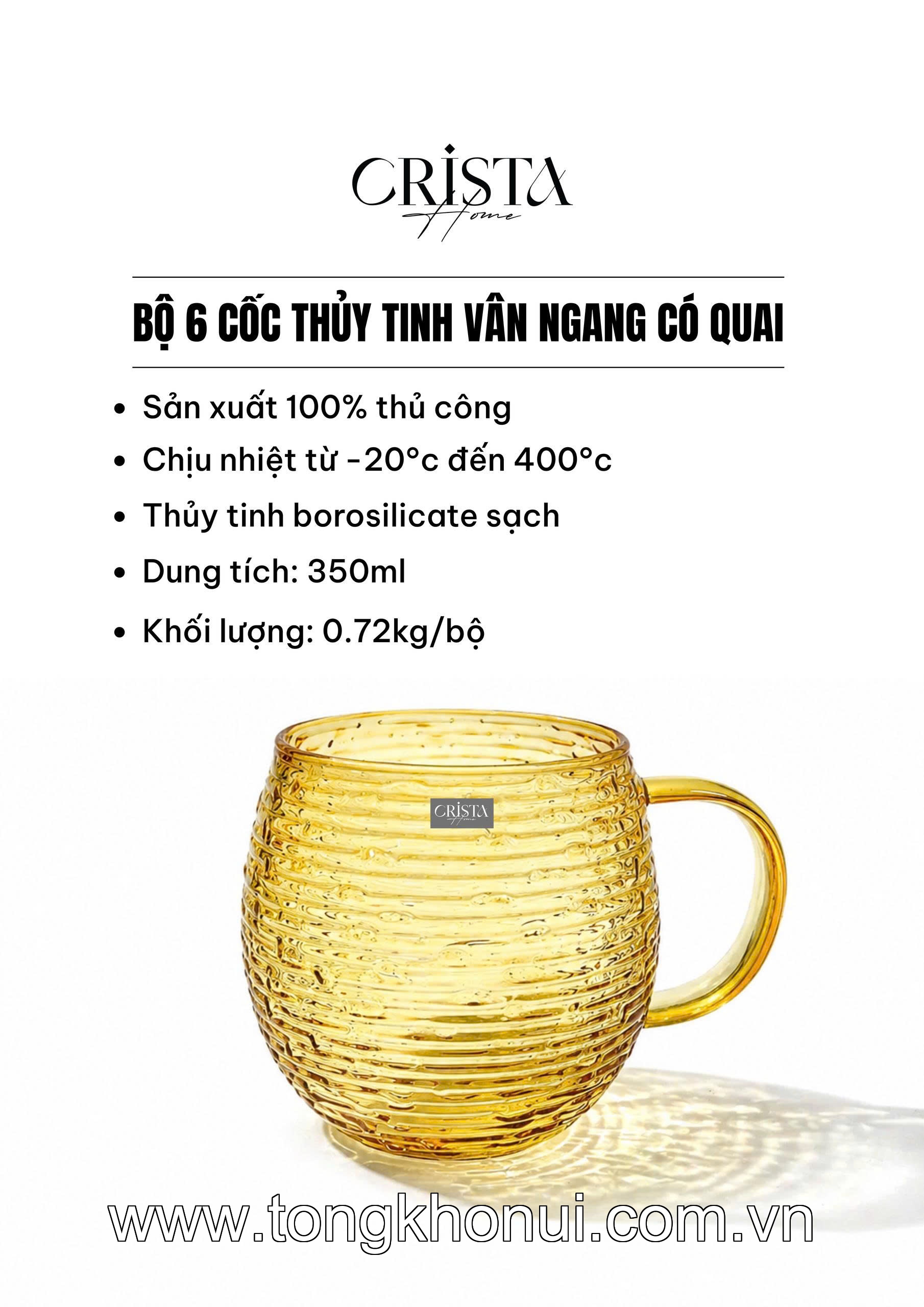 BỘ 6 CỐC THỦY TINH DÁNG BẦU VÂN NGANG CÓ QUAI 350ML CRISTA HOME – CỐC UỐNG TRÀ, CAFE CHỊU NHIỆT (MÃ 60278) ảnh 2
