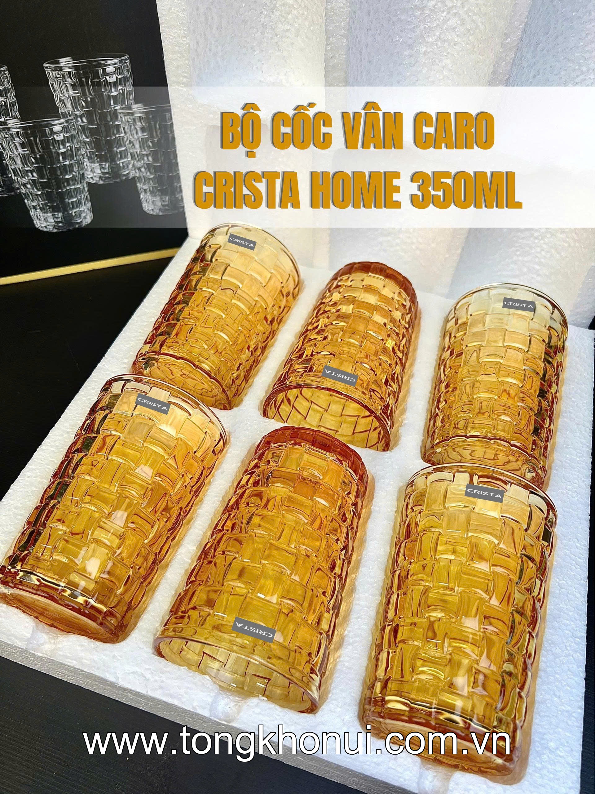 BỘ 6 CỐC THỦY TINH VÂN CARO CAO 350ML CRISTA HOME – CỐC UỐNG NƯỚC ÉP, SINH TỐ (TẶNG KHĂN REN) (MÃ 60223) ảnh 2
