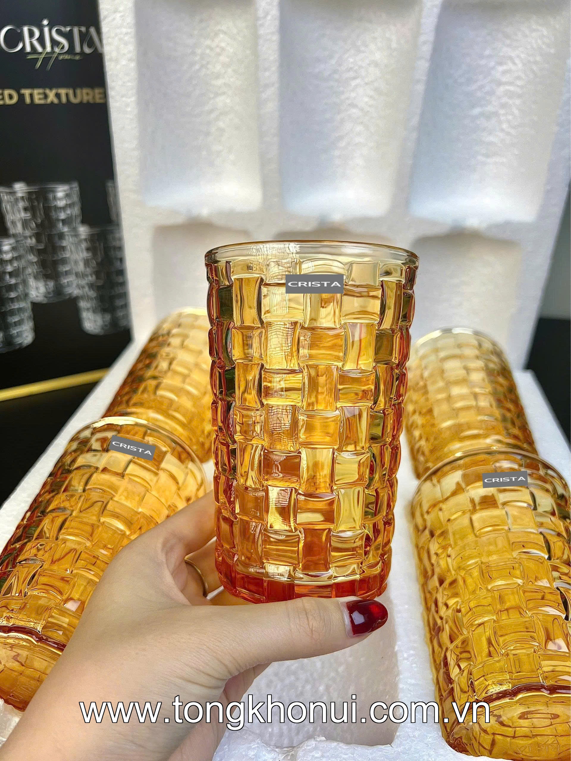 BỘ 6 CỐC THỦY TINH VÂN CARO CAO 350ML CRISTA HOME – CỐC UỐNG NƯỚC ÉP, SINH TỐ (TẶNG KHĂN REN) (MÃ 60223) ảnh 3
