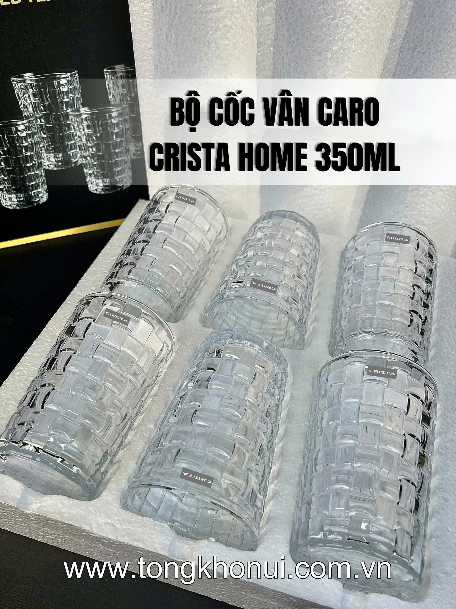 BỘ 6 CỐC THỦY TINH VÂN CARO CAO 350ML CRISTA HOME – CỐC UỐNG NƯỚC ÉP, SINH TỐ (TẶNG KHĂN REN) (MÃ 60223) ảnh 5