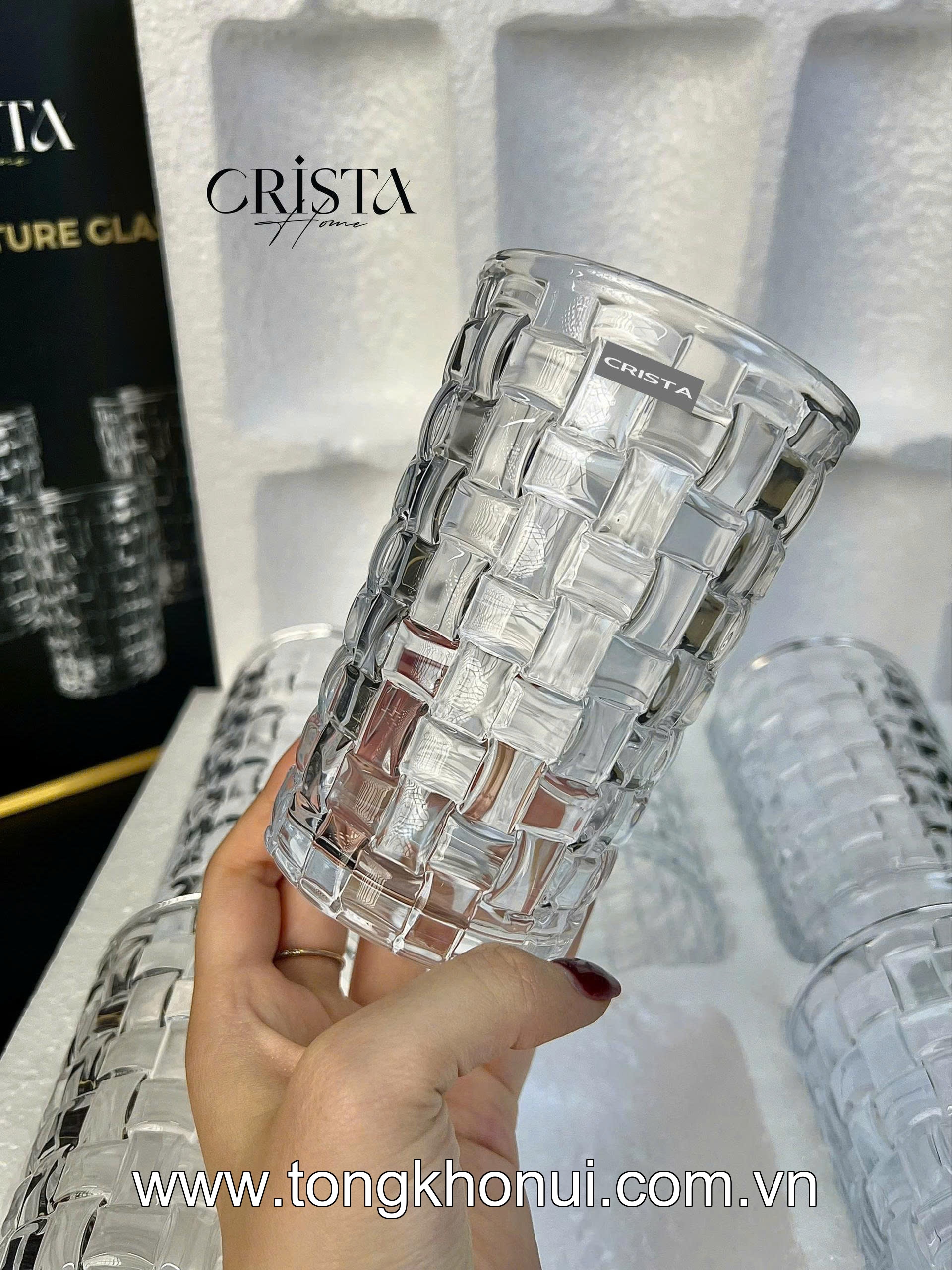 BỘ 6 CỐC THỦY TINH VÂN CARO CAO 350ML CRISTA HOME – CỐC UỐNG NƯỚC ÉP, SINH TỐ (TẶNG KHĂN REN) (MÃ 60223) ảnh 6