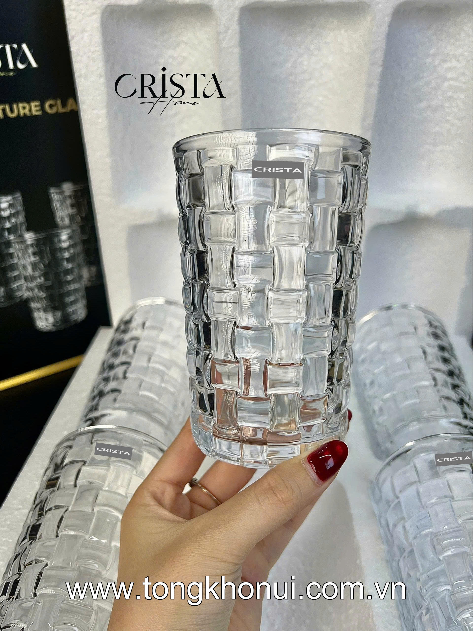 BỘ 6 CỐC THỦY TINH VÂN CARO CAO 350ML CRISTA HOME – CỐC UỐNG NƯỚC ÉP, SINH TỐ (TẶNG KHĂN REN) (MÃ 60223) ảnh 8