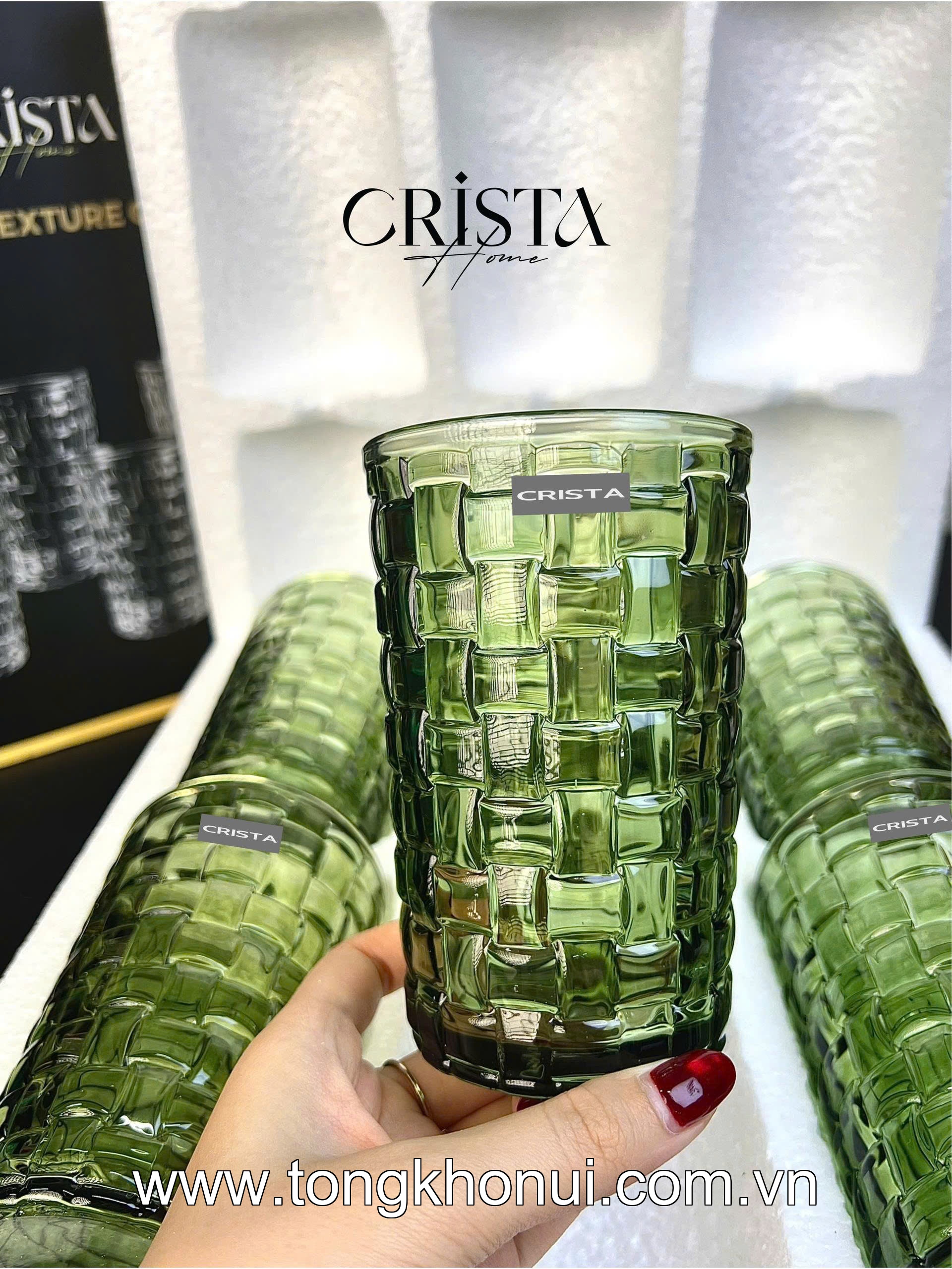 BỘ 6 CỐC THỦY TINH VÂN CARO CAO 350ML CRISTA HOME – CỐC UỐNG NƯỚC ÉP, SINH TỐ (TẶNG KHĂN REN) (MÃ 60223) ảnh 9