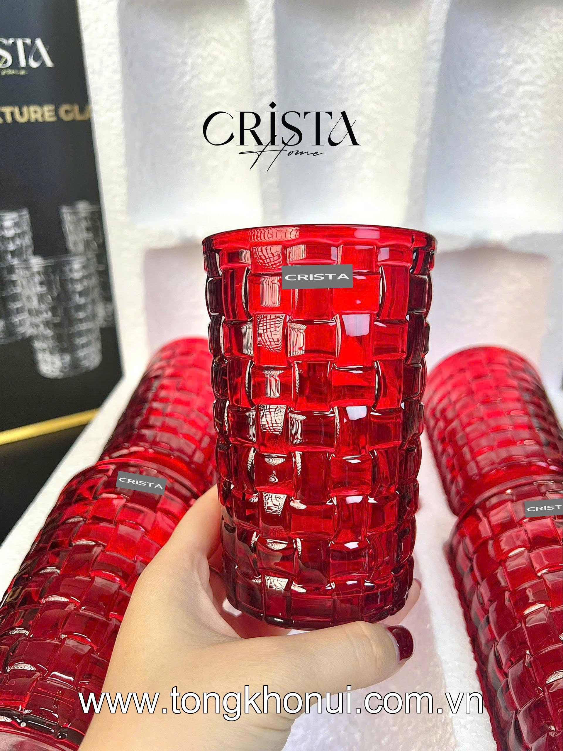 BỘ 6 CỐC THỦY TINH VÂN CARO CAO 350ML CRISTA HOME – CỐC UỐNG NƯỚC ÉP, SINH TỐ (TẶNG KHĂN REN) (MÃ 60223) ảnh 11