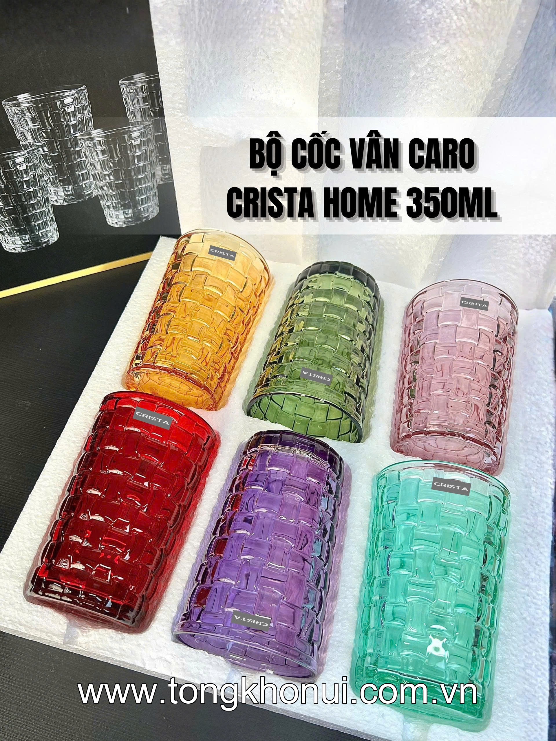 BỘ 6 CỐC THỦY TINH VÂN CARO CAO 350ML CRISTA HOME – CỐC UỐNG NƯỚC ÉP, SINH TỐ (TẶNG KHĂN REN) (MÃ 60223) ảnh 12