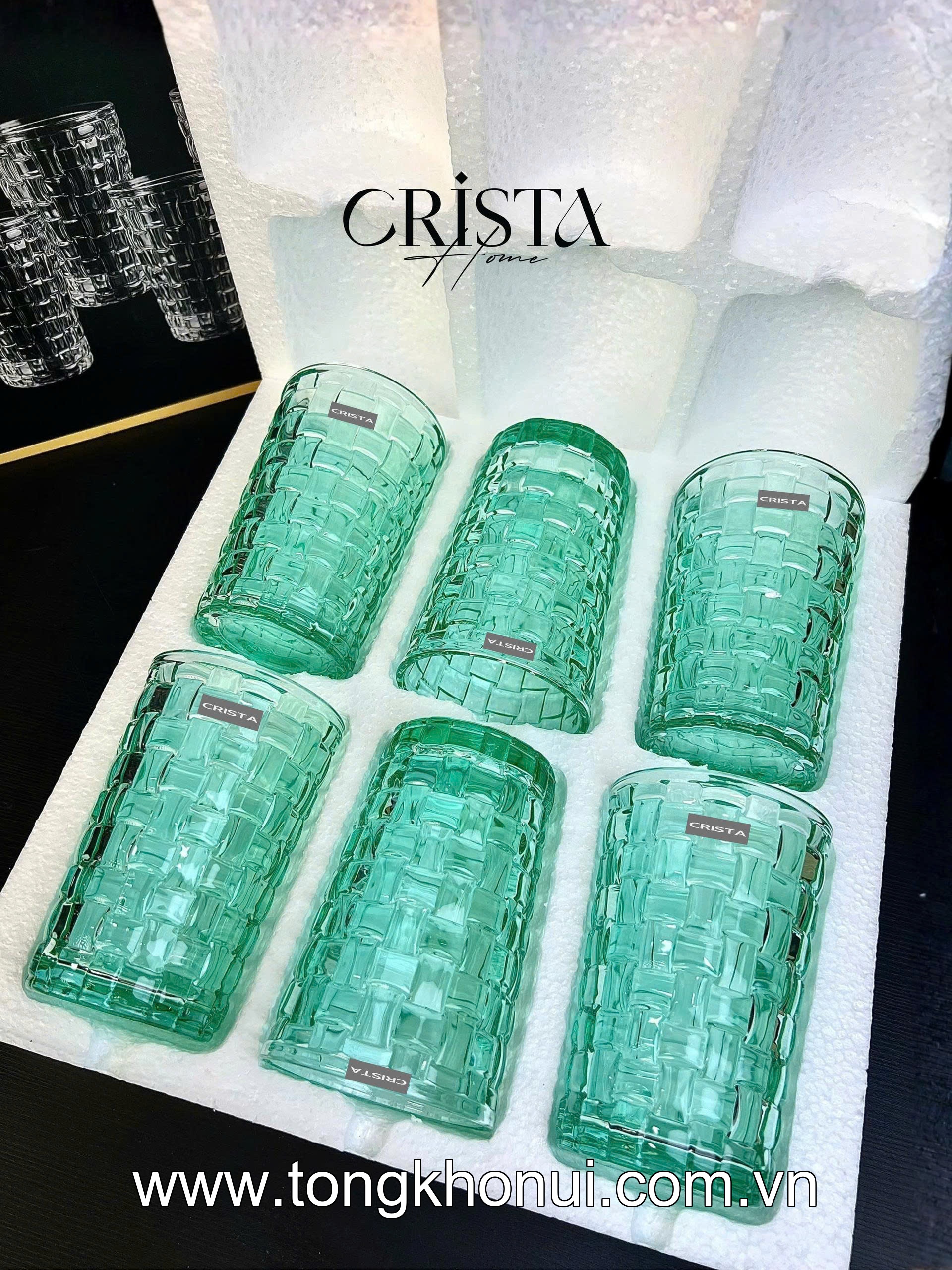BỘ 6 CỐC THỦY TINH VÂN CARO CAO 350ML CRISTA HOME – CỐC UỐNG NƯỚC ÉP, SINH TỐ (TẶNG KHĂN REN) (MÃ 60223) ảnh 14