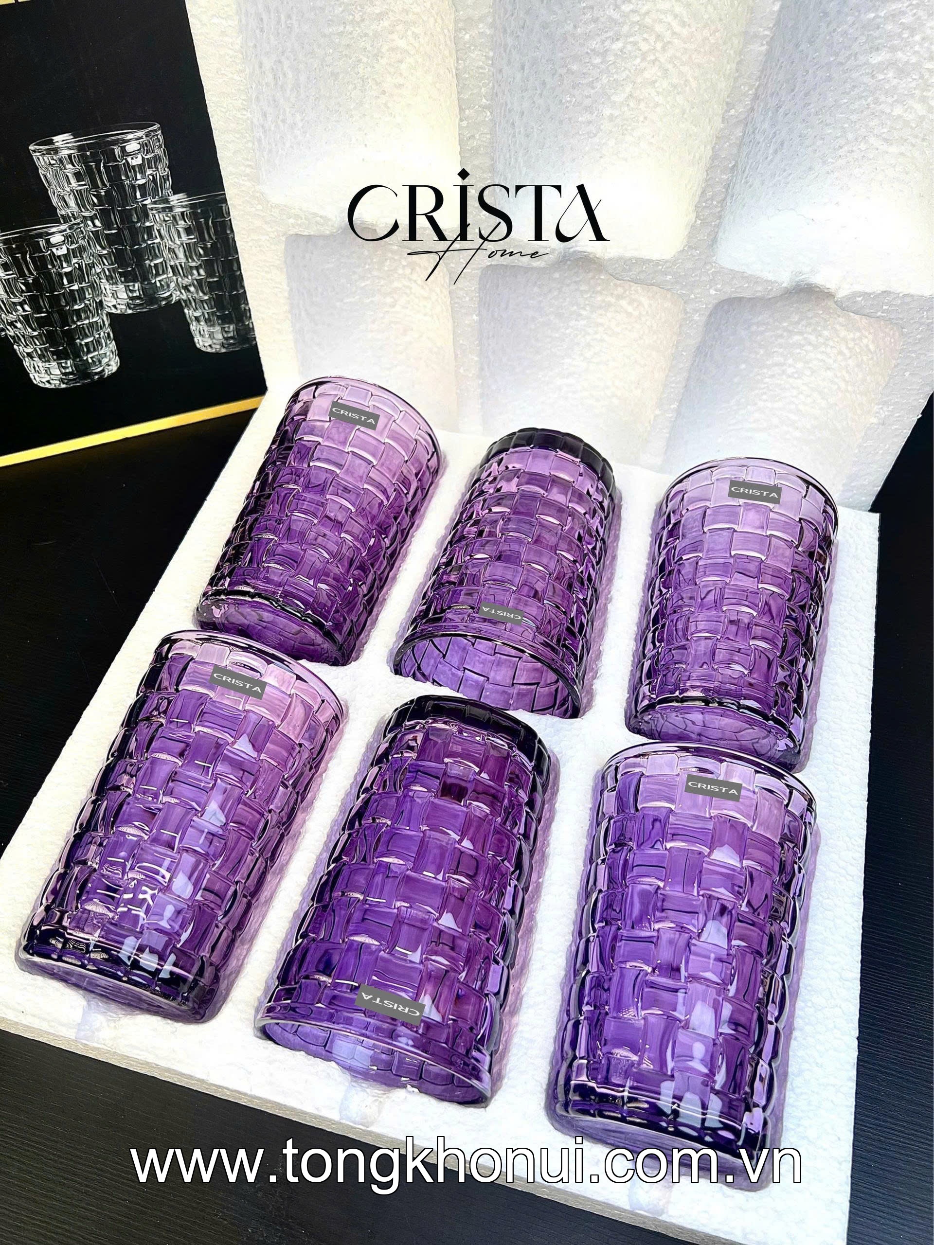 BỘ 6 CỐC THỦY TINH VÂN CARO CAO 350ML CRISTA HOME – CỐC UỐNG NƯỚC ÉP, SINH TỐ (TẶNG KHĂN REN) (MÃ 60223) ảnh 18