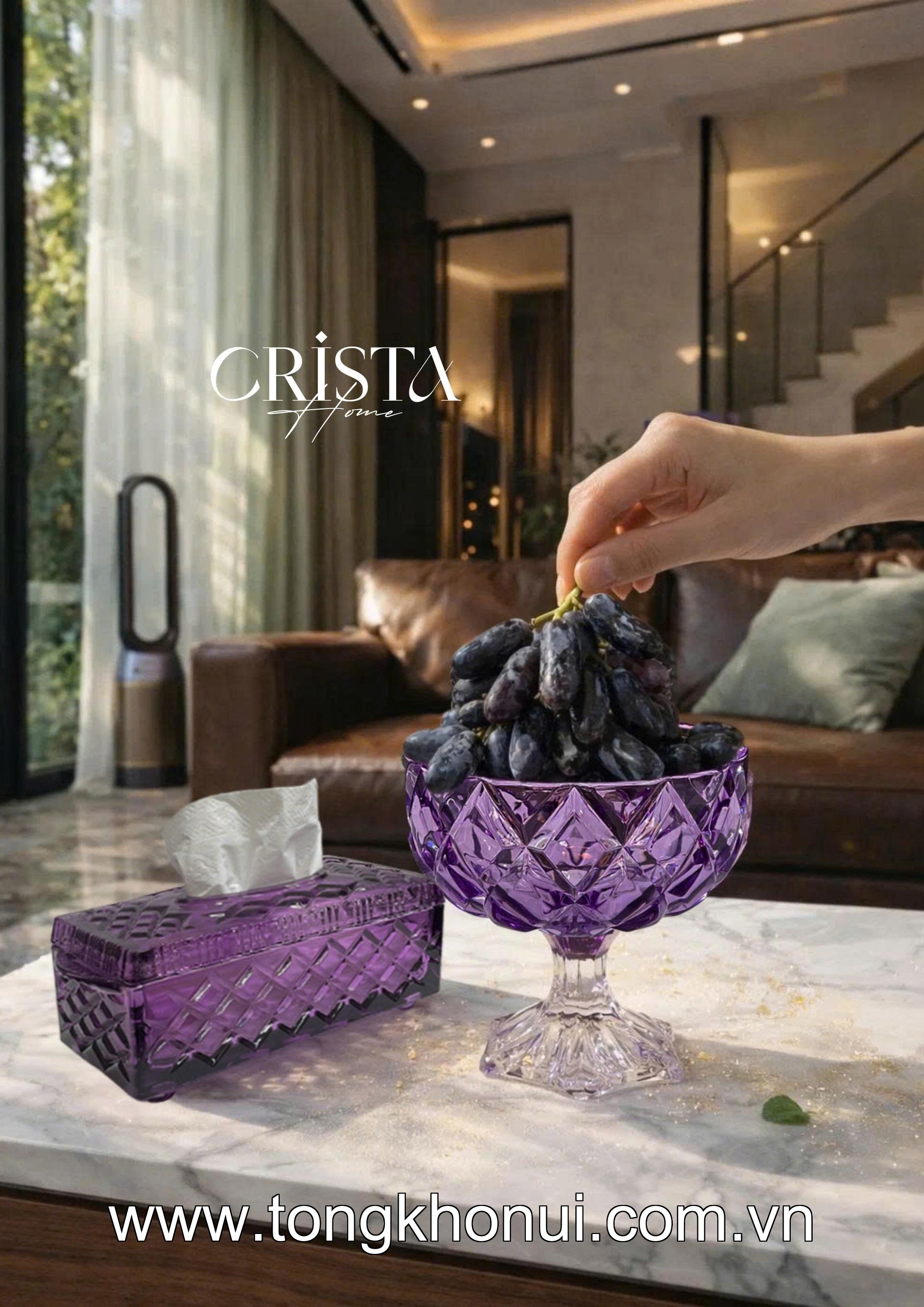 HŨ THỦY TINH CHÂN BỒNG VÂN KIM CƯƠNG 18CM CRISTA HOME – HŨ ĐỰNG TRÁI CÂY DECOR CAO CẤP (MÃ 60251) ảnh 1