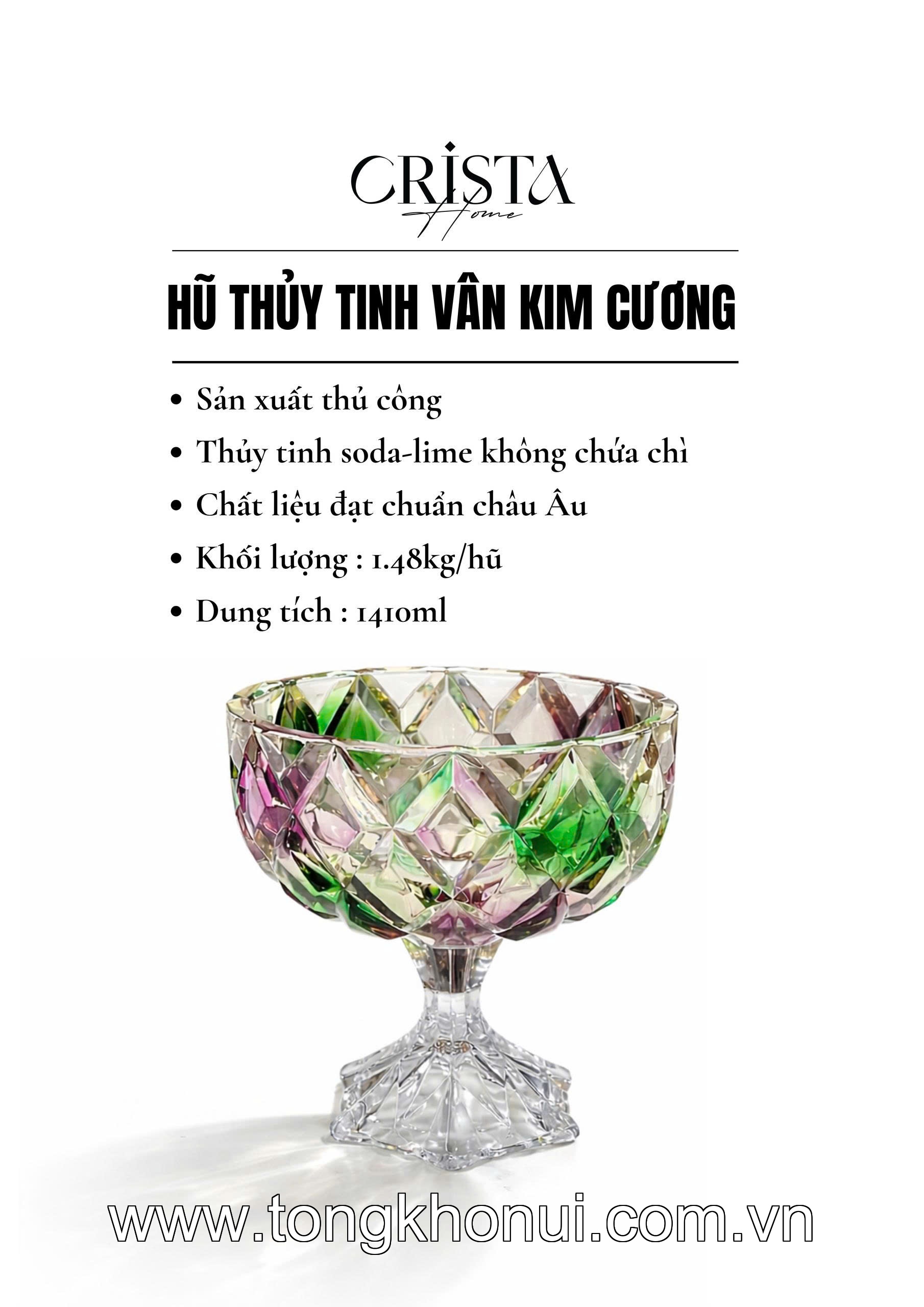 HŨ THỦY TINH CHÂN BỒNG VÂN KIM CƯƠNG 18CM CRISTA HOME – HŨ ĐỰNG TRÁI CÂY DECOR CAO CẤP (MÃ 60251) ảnh 2