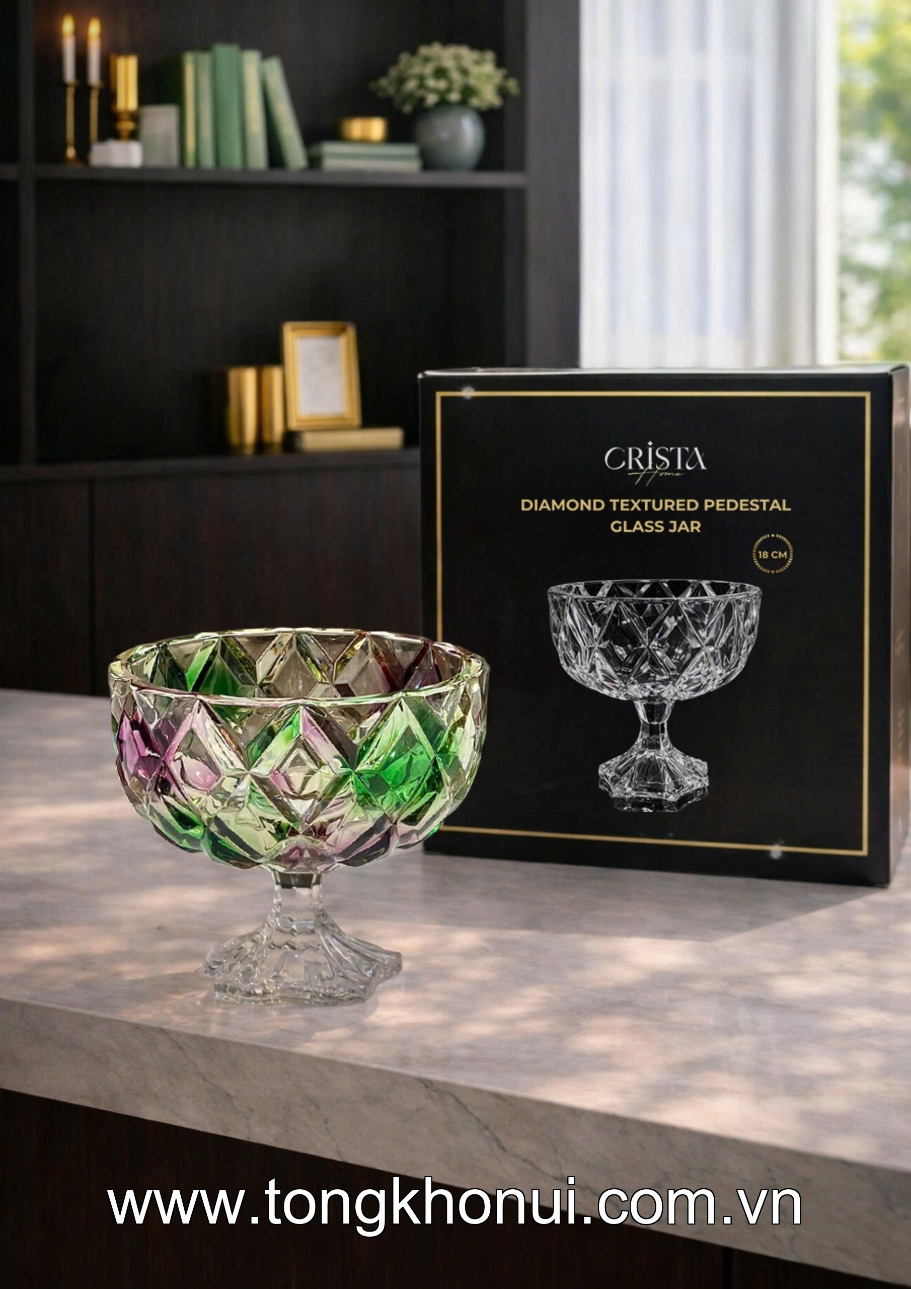 HŨ THỦY TINH CHÂN BỒNG VÂN KIM CƯƠNG 18CM CRISTA HOME – HŨ ĐỰNG TRÁI CÂY DECOR CAO CẤP (MÃ 60251) ảnh 10