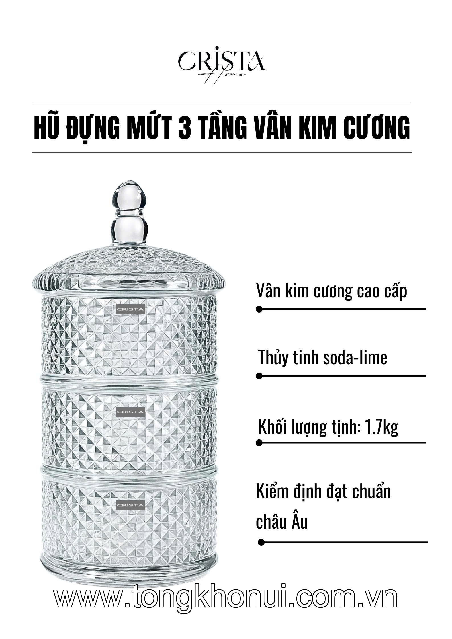 HŨ ĐỰNG MỨT 3 TẦNG THỦY TINH VÂN KIM CƯƠNG CRISTA HOME – KHAY BÁNH KẸO NGÀY TẾT SANG TRỌNG (MÃ 60207) ảnh 1